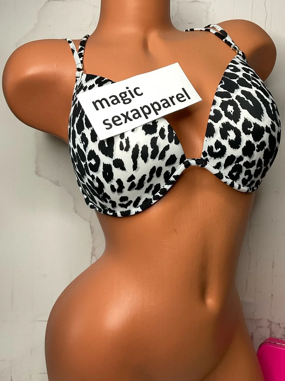 VS 36DD LOGO CRSTAL EMBELLISHMENTS PADDED BIKINI TOP RACERBACK PLUNGE LEOPARD